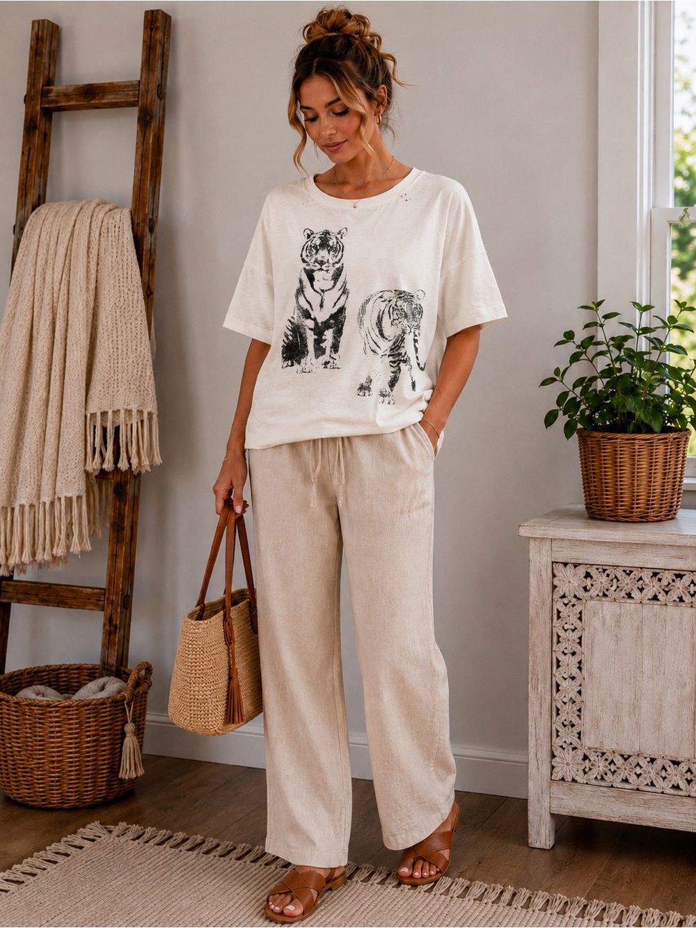New Promesa White Crewneck Tee Tiger Size M